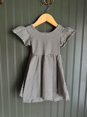 Striped Flutter-Sleeve Girls Dress in Black and White